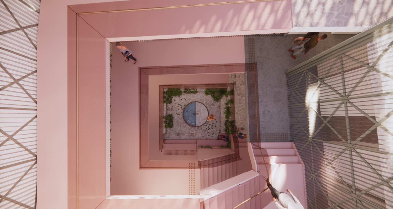 A birdseye view down the atrium shows the light pink stairs and ramps wrapping around the atrium. The circular pond at the bottom provides a vertical connection through the space.