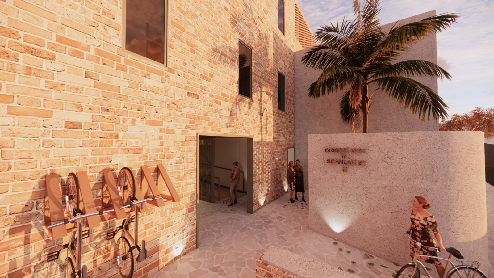 Building entrance with patient walking bike towards bike rack. Palm tree in courtyard casts a shadow on the brick.