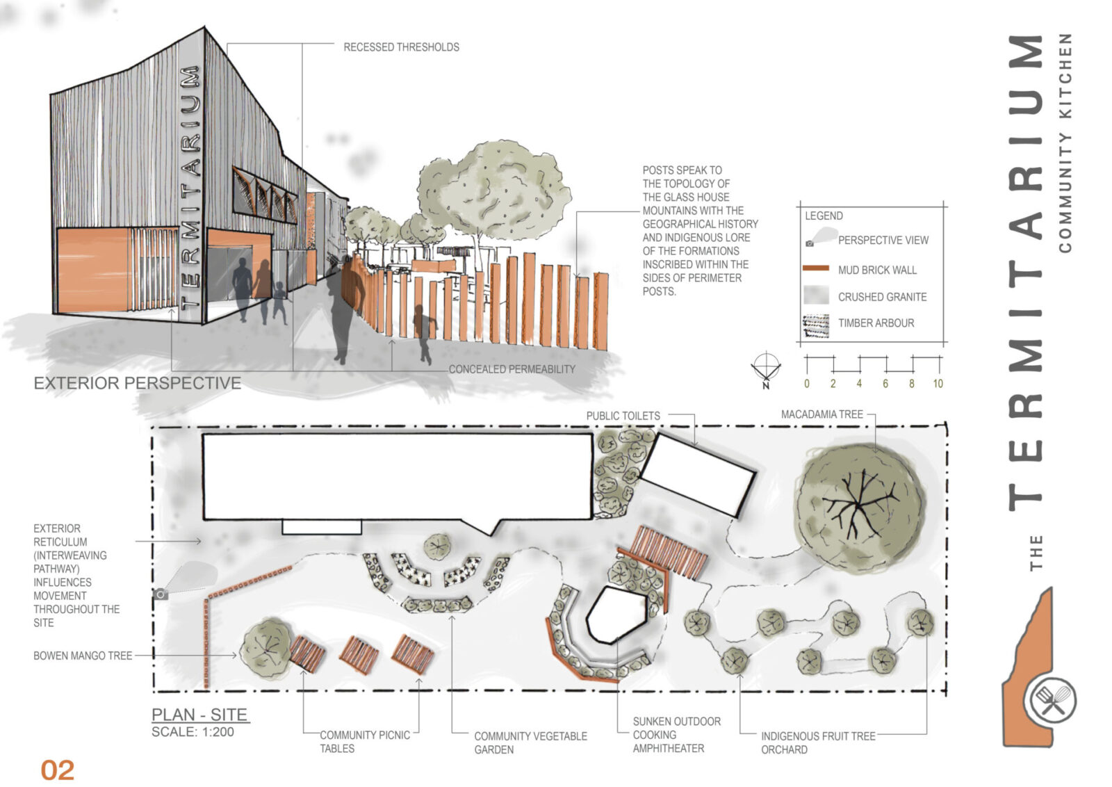 The site plan shows a exterior reticulum that influences movement throughout the site.  The site is planted with native fruit trees and a small community vegetable garden.  The exterior elevation shows the recessed thresholds across the site and for the form of the building takes its lead from the form of the termite mound