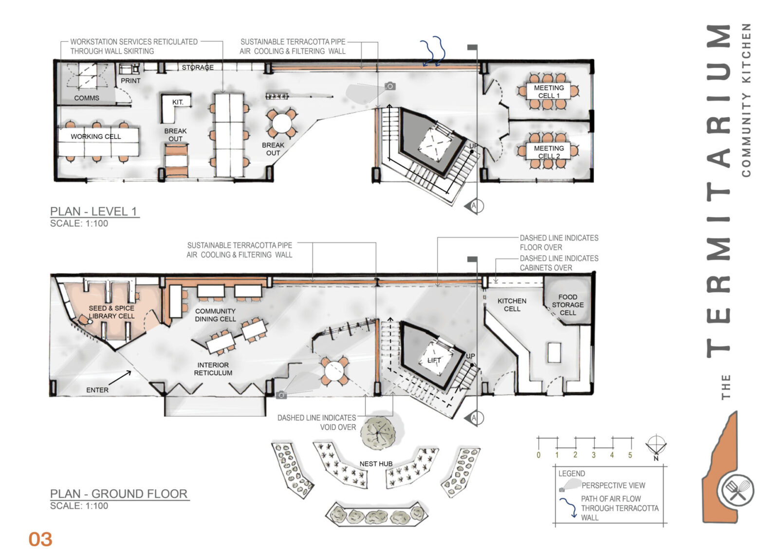 The ground plan and level 1 plan of the main building. 
The ground plan included a seed a spice library to the left of the main entry, Beside that a community dining cell. The interior reticulum leads to the main "nest"/ hub which is where the stairs and left to the first floor are found.  At the rear of the ground floor is the large community kitchen.  The first floor supports two meeting rooms, 8 workstations, a small kitchen and break out spaces and storage.

