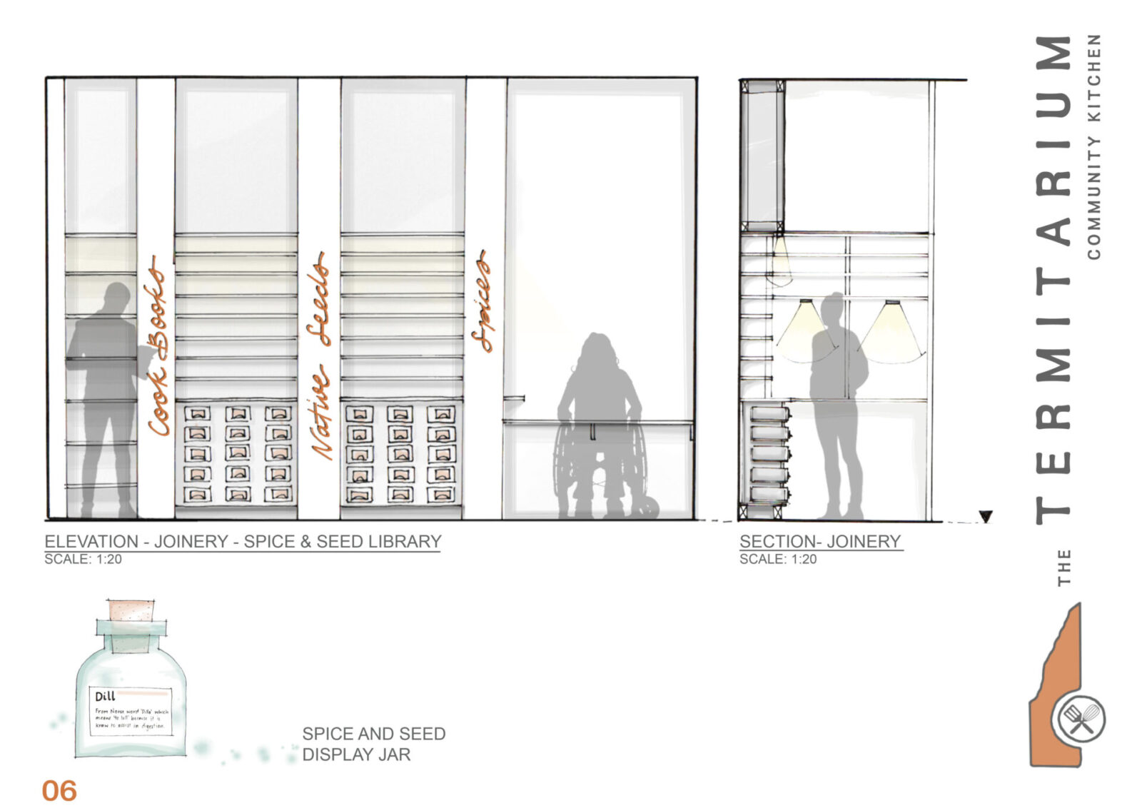 The joinery elevation shows the shelving above and apothecary inspired storage system below.  Accessible table height seating is found on one side so that more in depth study can be achieved.  The section drawing shows basic construction on the apothecary inspired joinery with inbuilt down lighting. From Macro to micro, the seed and spice jars have also been designed and are shown to give a entire picture of the designed space.