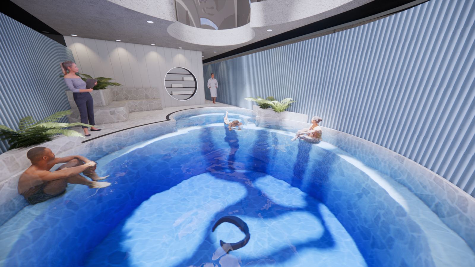 The pool has natural light in the form of the Cottage causation map dancing in the water, with users being guided by a physiologist. Blue scalloped wall linings wrap around the interior curved wall.