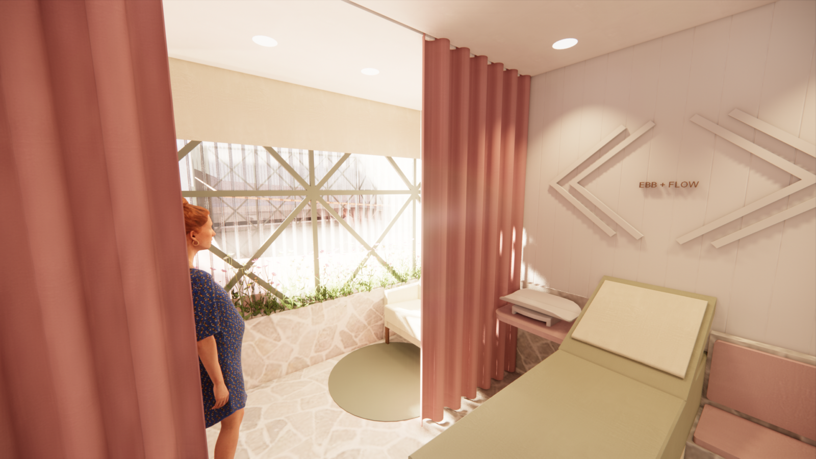 The delicate medical room is designed for an obstetrician and has deep pink retractable curtains. A pregnant mother walks towards the consultation bed which is olive green. The atrium screening allows natural light to cast through the window.