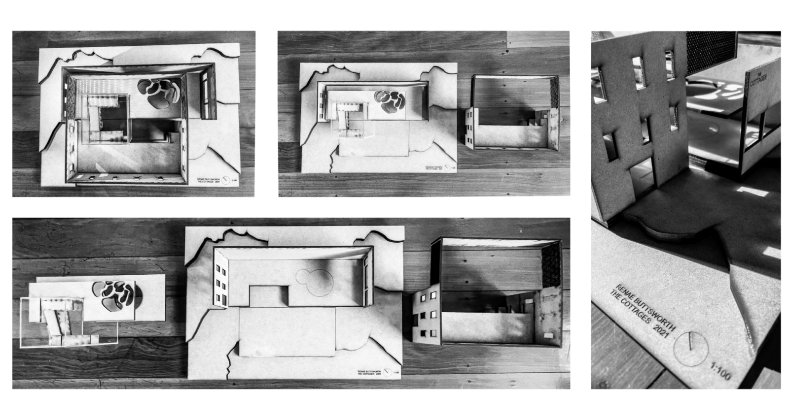 A laser cut mdf model shows the terrain of the site and the building forms merging into one. The model is able to be disassembled into three pieces to better communicate the levels inside. 
